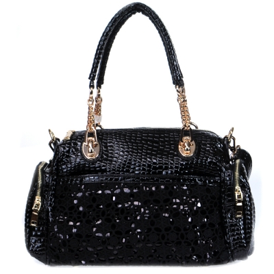 Vegan Leather Matrix Style Handbag with Snake Patten Accent - Black